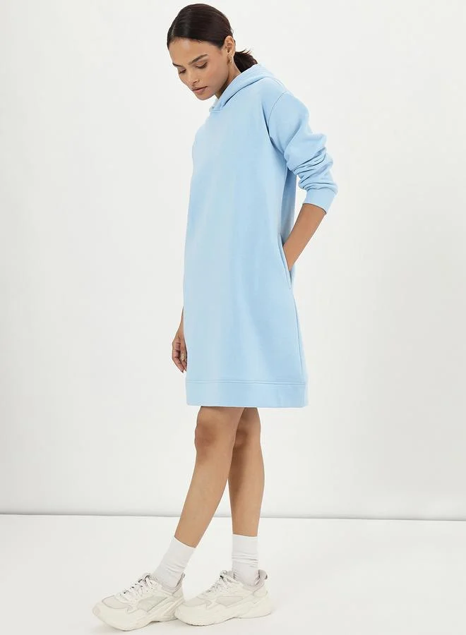 Femmella Light Blue Fleece Hooded Mini Sweatshirt Dress