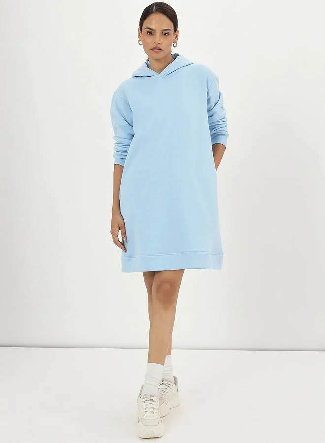 Femmella Light Blue Fleece Hooded Mini Sweatshirt Dress