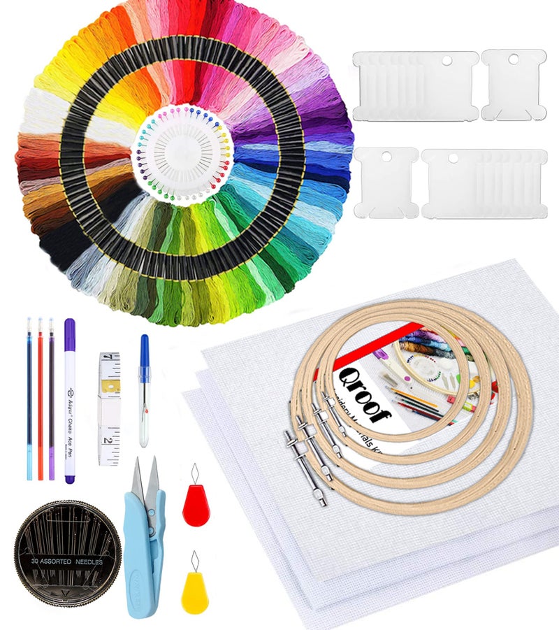 Qroof Embroidery Materials Starter Kit,100 Colour Threads,4 Pcs Bamboo Hoops,3 Pcs Aida Cloth And Cross Stitch Hand Embroidery Beginner Supplies Tool, Blue - Image 1