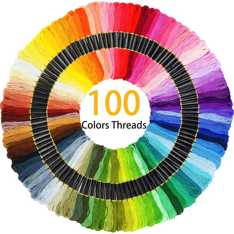 Qroof Embroidery Materials Starter Kit,100 Colour Threads,4 Pcs Bamboo Hoops,3 Pcs Aida Cloth And Cross Stitch Hand Embroidery Beginner Supplies Tool, Blue - Image 3