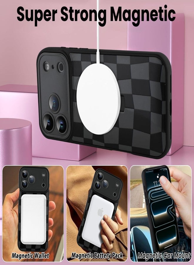 سوكاد جراب SOKAD المغناطيسي بنقشة مربعات لهاتف iPhone 17 Pro Max مع مسند وحزام للأصابع، متوافق مع MagSafe، تصميم أنيق بنقشة مربعات مناسب للرجال والنساء، غطاء حماية كامل للكاميرا، أسود - Image 2