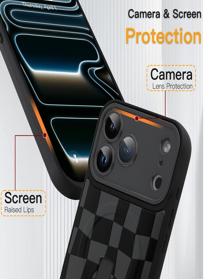 سوكاد جراب SOKAD المغناطيسي بنقشة مربعات لهاتف iPhone 17 Pro Max مع مسند وحزام للأصابع، متوافق مع MagSafe، تصميم أنيق بنقشة مربعات مناسب للرجال والنساء، غطاء حماية كامل للكاميرا، أسود - Image 4