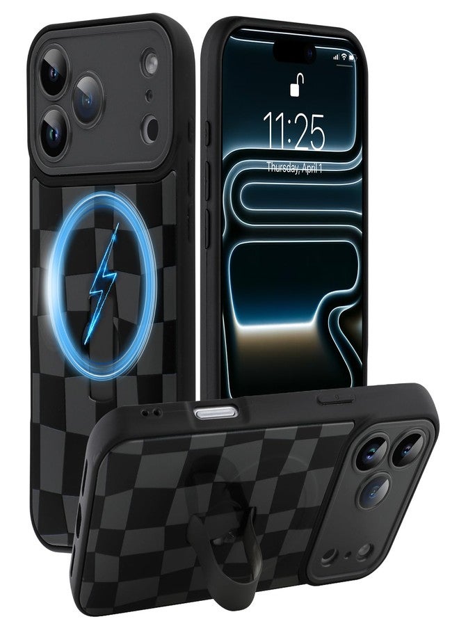 سوكاد جراب SOKAD المغناطيسي بنقشة مربعات لهاتف iPhone 17 Pro Max مع مسند وحزام للأصابع، متوافق مع MagSafe، تصميم أنيق بنقشة مربعات مناسب للرجال والنساء، غطاء حماية كامل للكاميرا، أسود - Image 1