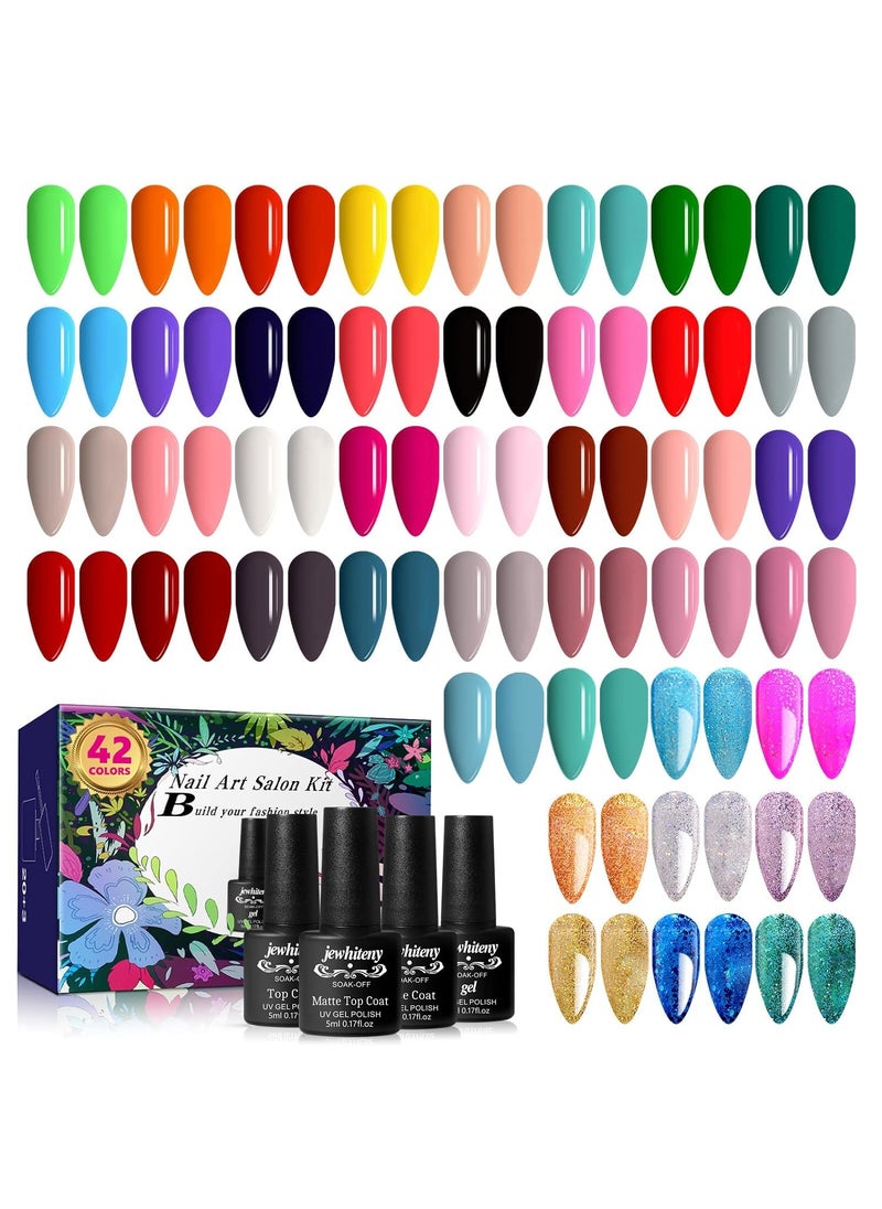 JEWHITENY JEWHITENY 45PCS Gel Nail Polish Kit, 42 Colors 5ML Gel Polish Nude Gray Pink Blue Soak Off Glitter Nail Art Starter Kit Beauty Gifts Set for Women Girls Valentines Mother's Day Gift 