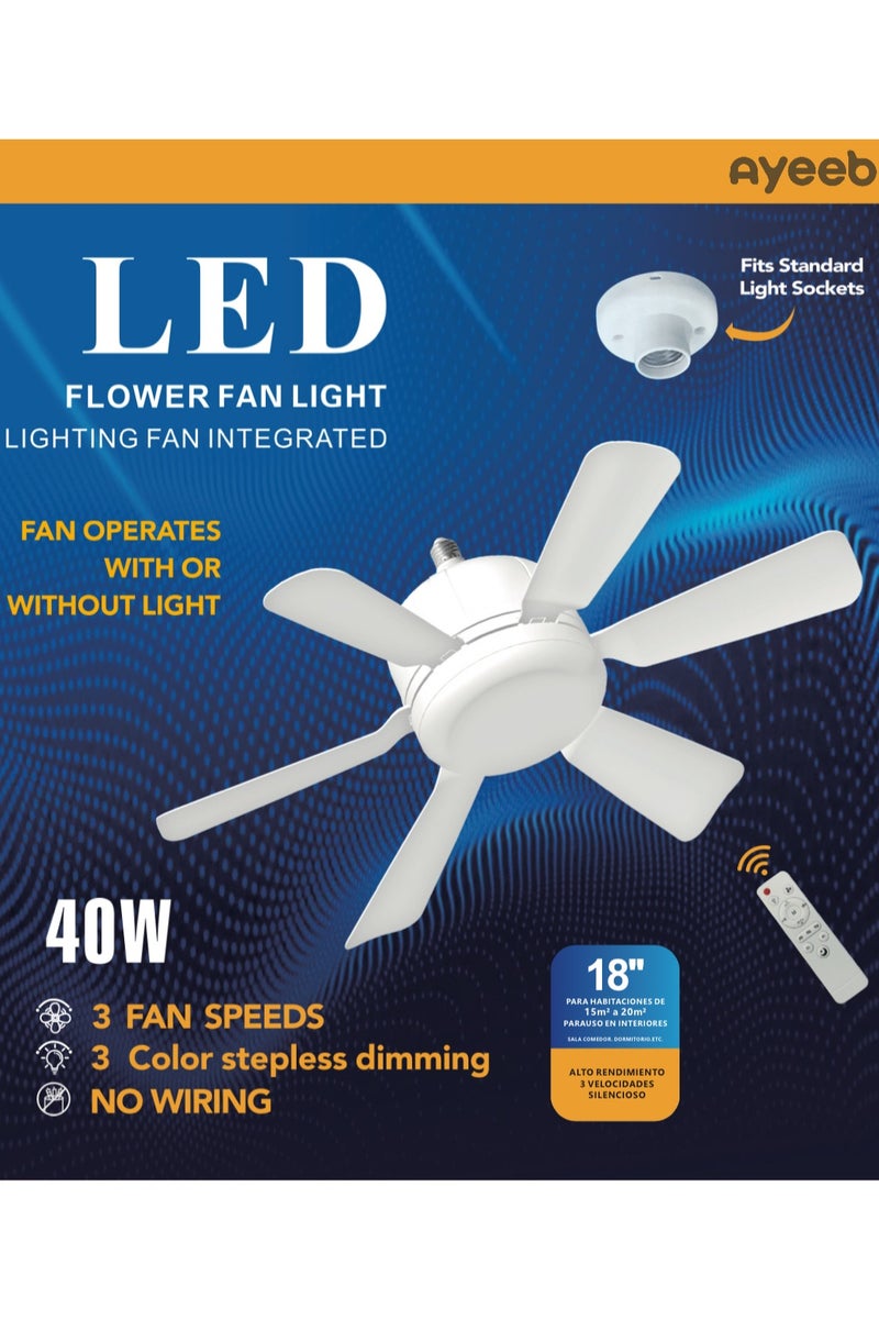 Ayeeb 18 Inch Ceiling Fan with Light, LED Flower Lamp Bulb 3CCT 40W Selectable Color White Dimmable Light, E27 Base Easy Screw Mount, Portable Detachable 6 Blades 85V-265V World Travel Use, Chill Windy Smart Remote Control & Wall Switch, Breeze to Strong 3 Modes Cool Wind Adjustable Speed, 2H/4H Timing, CE certificate EU Standard Energy Saving (White Petal) - Image 2