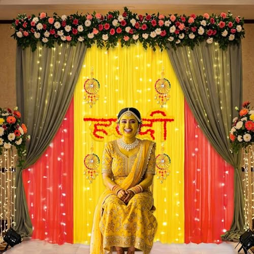 SpecialYou.in SpecialYou Haldi Decoration Items for Home with Yellow Red & Green (7 * 3.5 Ft) Haldi Backdrop Decoration Set, Wedding Decorations Items for Home Decor- 15 Items - Image 5