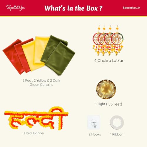 SpecialYou.in SpecialYou Haldi Decoration Items for Home with Yellow Red & Green (7 * 3.5 Ft) Haldi Backdrop Decoration Set, Wedding Decorations Items for Home Decor- 15 Items - Image 3