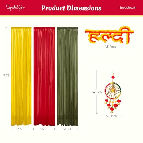 SpecialYou.in SpecialYou Haldi Decoration Items for Home with Yellow Red & Green (7 * 3.5 Ft) Haldi Backdrop Decoration Set, Wedding Decorations Items for Home Decor- 15 Items - Image 4