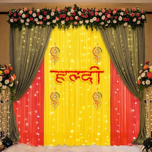 SpecialYou.in SpecialYou Haldi Decoration Items for Home with Yellow Red & Green (7 * 3.5 Ft) Haldi Backdrop Decoration Set, Wedding Decorations Items for Home Decor- 15 Items - Image 1
