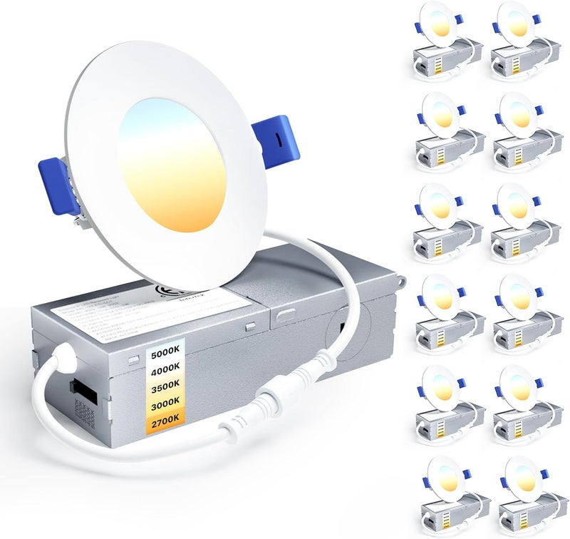 Ensenior 12 Pack 3 Inch LED Recessed Ceiling Light, Dimmable, 2700K-5000K 5CCT, 500LM 6W 120V, High Brightness Canless Wafer Downlight - ETL&FCC&IC - Image 1