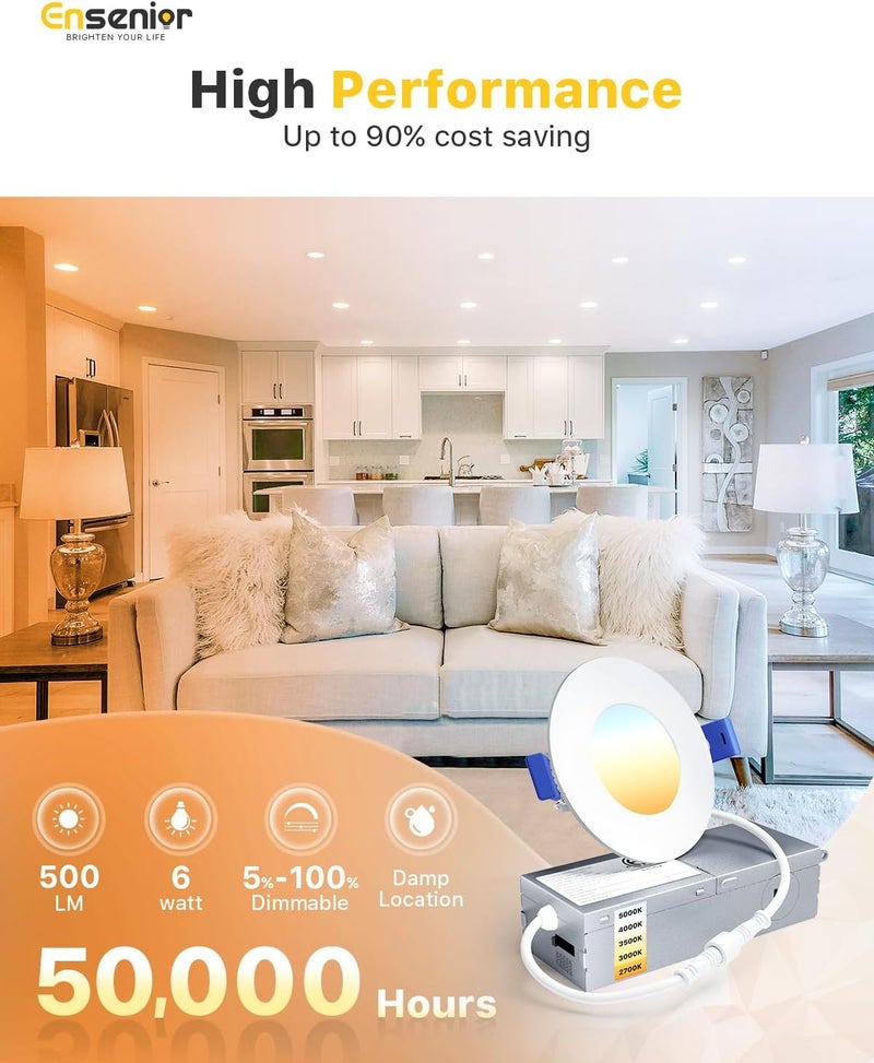 Ensenior 12 Pack 3 Inch LED Recessed Ceiling Light, Dimmable, 2700K-5000K 5CCT, 500LM 6W 120V, High Brightness Canless Wafer Downlight - ETL&FCC&IC - Image 3