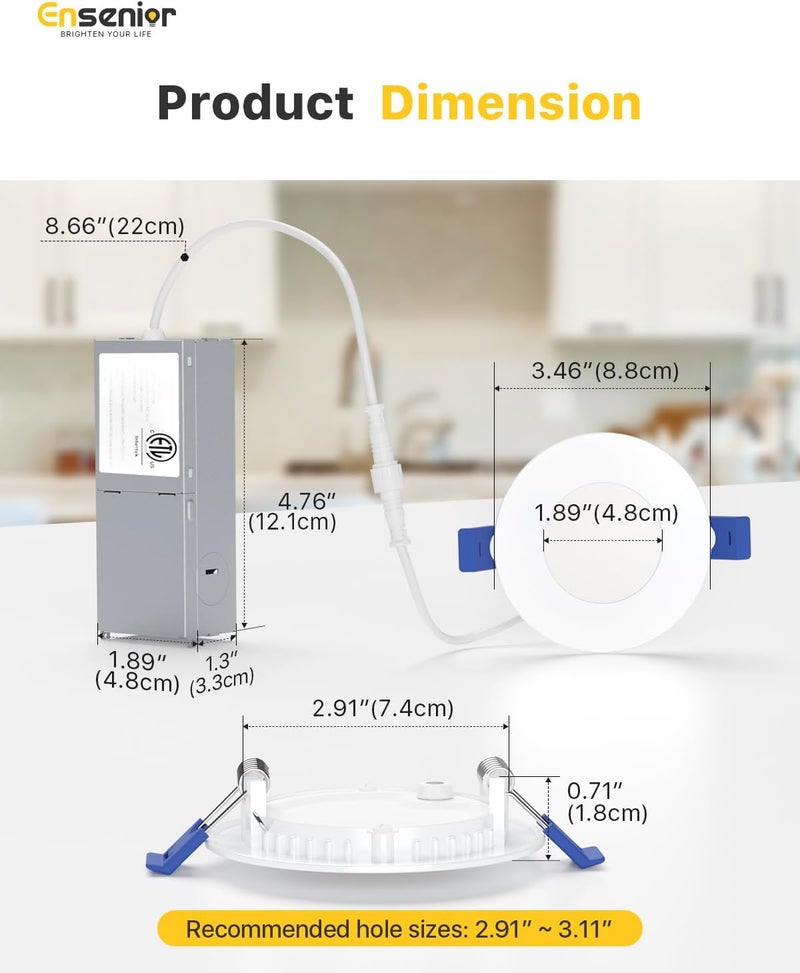 Ensenior 12 Pack 3 Inch LED Recessed Ceiling Light, Dimmable, 2700K-5000K 5CCT, 500LM 6W 120V, High Brightness Canless Wafer Downlight - ETL&FCC&IC - Image 5