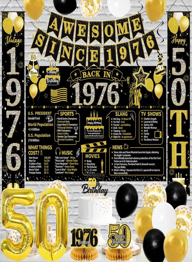 Roetyce 50th Birthday Decorations Men Women, Black Gold Back in 1976 Poster Cheers To 50 Years Door Banners Balloons Hanging Swirls Sash, Vintage Awesome Since 1976 Party Supplies Backdrop Background - Image 5