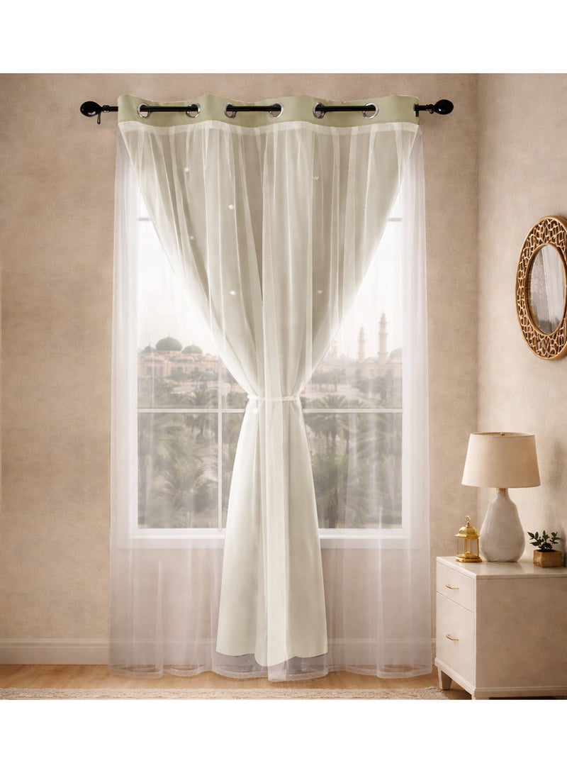 l&wen Star Blackout Curtains with Sheer, Drapes Grommet Room Darkening Curtain for Bedroom and Living Room, 1 Panel, Natural Beige - Image 1
