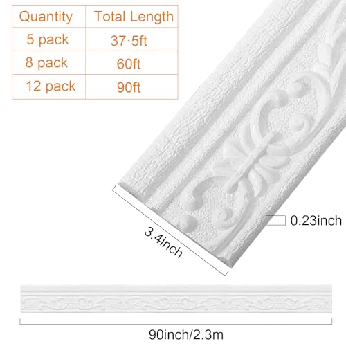 TaoBary 90 x 3 Inch Self Adhesive Flexible Foam Molding Trim Wallpaper Border 3D Sticky Decorative Wall Lines Peel and Stick Wall Baseboard Trim for Hotel Home DIY Decoration(12 Roll) - Image 3