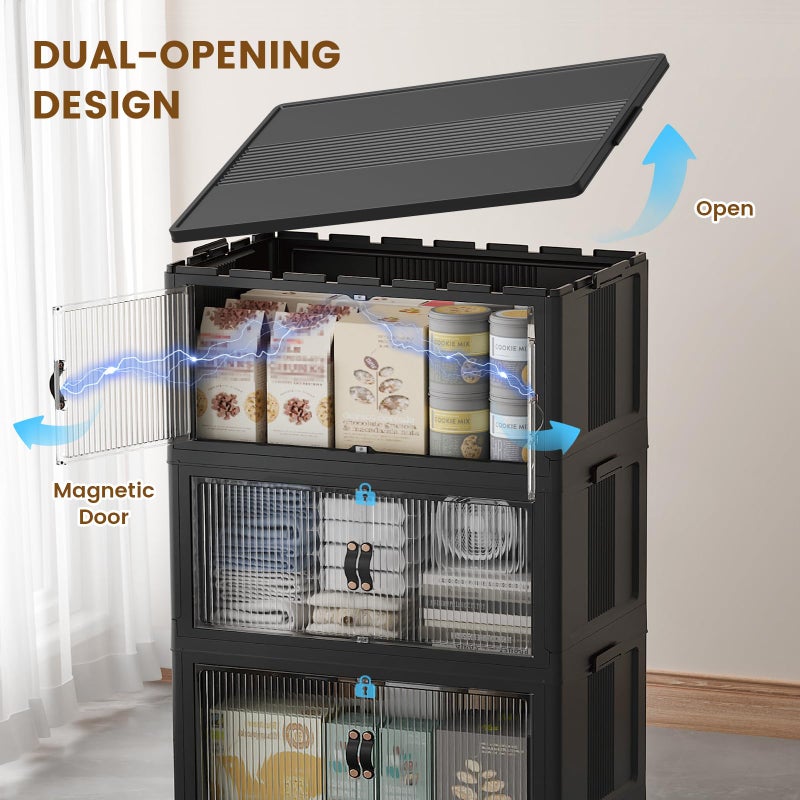 SAILUN 44Gal/175Qt Stackable Storage Bins Folding Collapsible Storage Bins with Lid, Closet Organizers and Storage Box with Door Black 18" W x 11" D x 51" H - Image 5