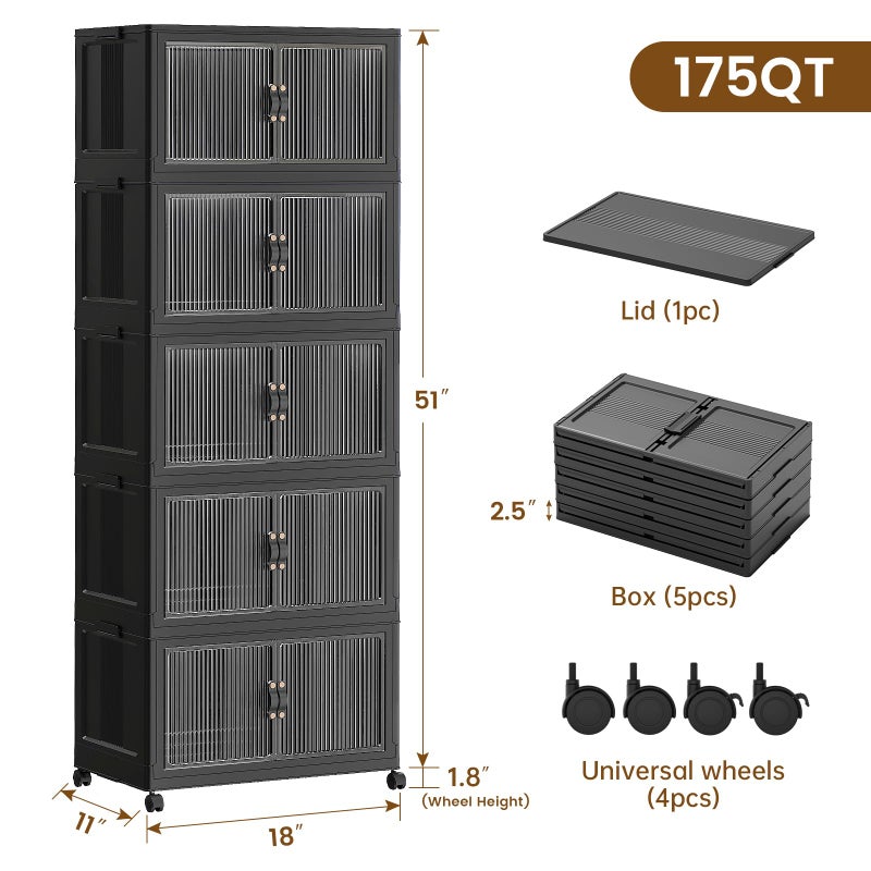SAILUN 44Gal/175Qt Stackable Storage Bins Folding Collapsible Storage Bins with Lid, Closet Organizers and Storage Box with Door Black 18" W x 11" D x 51" H - Image 2