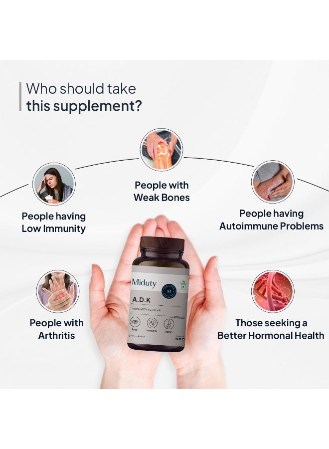 Miduty Vitamin ADK Multivitamin Contains Vitamin A - D3 - K1 - K2 Immunity Booster, Bone Strength, Healthy Heart Vitamin ADK Supplement For Men and Women - 30 Capsules - Image 3