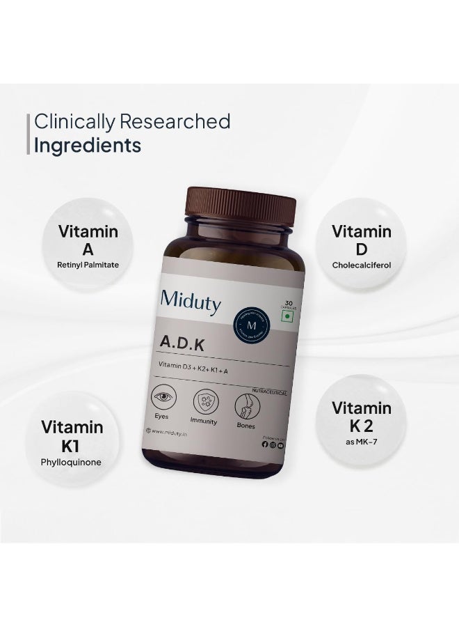 Miduty Vitamin ADK Multivitamin Contains Vitamin A - D3 - K1 - K2 Immunity Booster, Bone Strength, Healthy Heart Vitamin ADK Supplement For Men and Women - 30 Capsules - Image 2