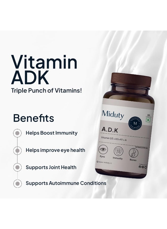 Miduty Vitamin ADK Multivitamin Contains Vitamin A - D3 - K1 - K2 Immunity Booster, Bone Strength, Healthy Heart Vitamin ADK Supplement For Men and Women - 30 Capsules - Image 4