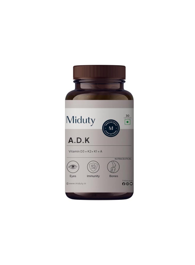 Miduty Vitamin ADK Multivitamin Contains Vitamin A - D3 - K1 - K2 Immunity Booster, Bone Strength, Healthy Heart Vitamin ADK Supplement For Men and Women - 30 Capsules - Image 1