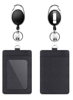 Excefore Badge Holders, 2 Pack Heavy Duty Retractable Reel Clips Set with Carabiner Clip, Upgraded X and Vertical Leather ID Card Holder 2, Black  - Image 1