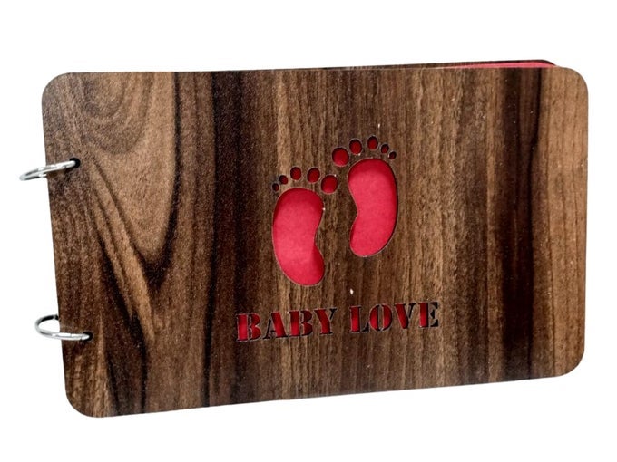 WOODEN FRONT AND BACK COVER SCRAPBOOK WITH 60 BLACK PAGE PHOTO ALBUM RECTANGLE 10X6 INCH WITH DESIGN CUTOUTS ON WOOD COVER FOR BABY SHOWER, MOM TO BE, BABY LOVE AND MORE