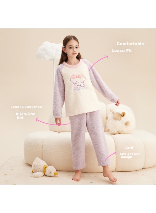 Deesha Girls' Winter Fleece-lined Thickened Pullover Raglan Sleeve Pajama Set Warm Homewear Suitable For Outdoor Wear - Image 1