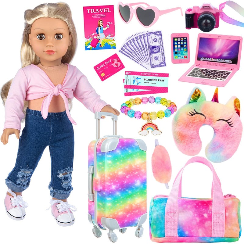 K. T. Fancy K.T. Fancy 23 PCS American 18 Inch Doll Accessories Suitcase Luggage Travel Set - Rainbow Suitcase Rainbow Bag Camera Computer Cell Phone Neck Pillow Eye Mask Glasses Gift for Christmas (NO Doll) - Image 1