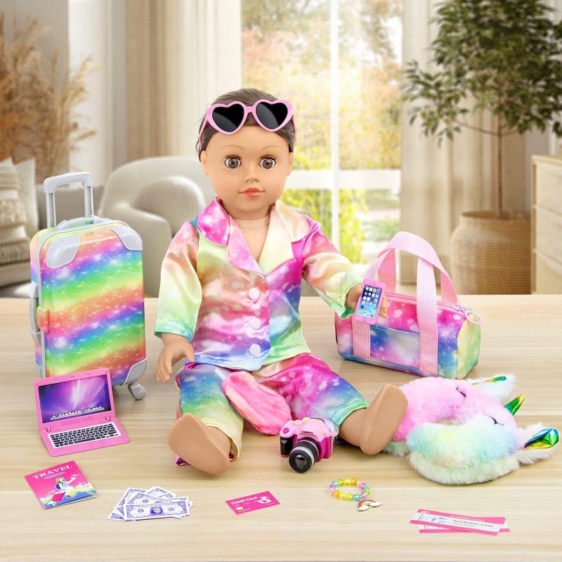 K. T. Fancy K.T. Fancy 23 PCS American 18 Inch Doll Accessories Suitcase Luggage Travel Set - Rainbow Suitcase Rainbow Bag Camera Computer Cell Phone Neck Pillow Eye Mask Glasses Gift for Christmas (NO Doll) - Image 5