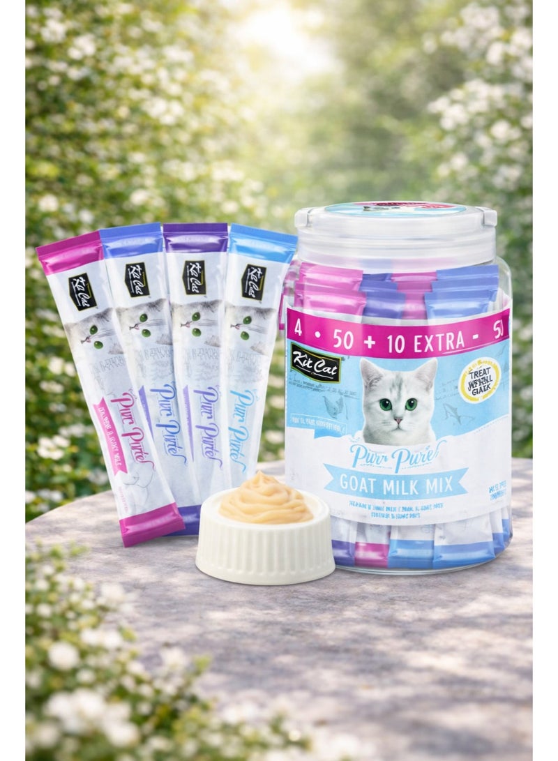 Kit Cat Super Premium Purr Purrée Goat Milk Mix Liquid Cat Treats Mega Value Pack 50 + 10 Extra Free - Image 1