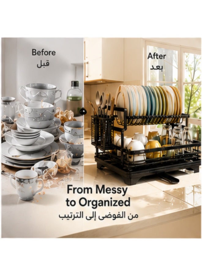 Inabyte 2 Tier Dish Drying Rack Large Capacity Kitchen Dish Drainer with Drainboard Black Rust Resistant Stainless Steel Dish Rack with Cutlery Holder Space Saving Kitchen Organizer - Image 5