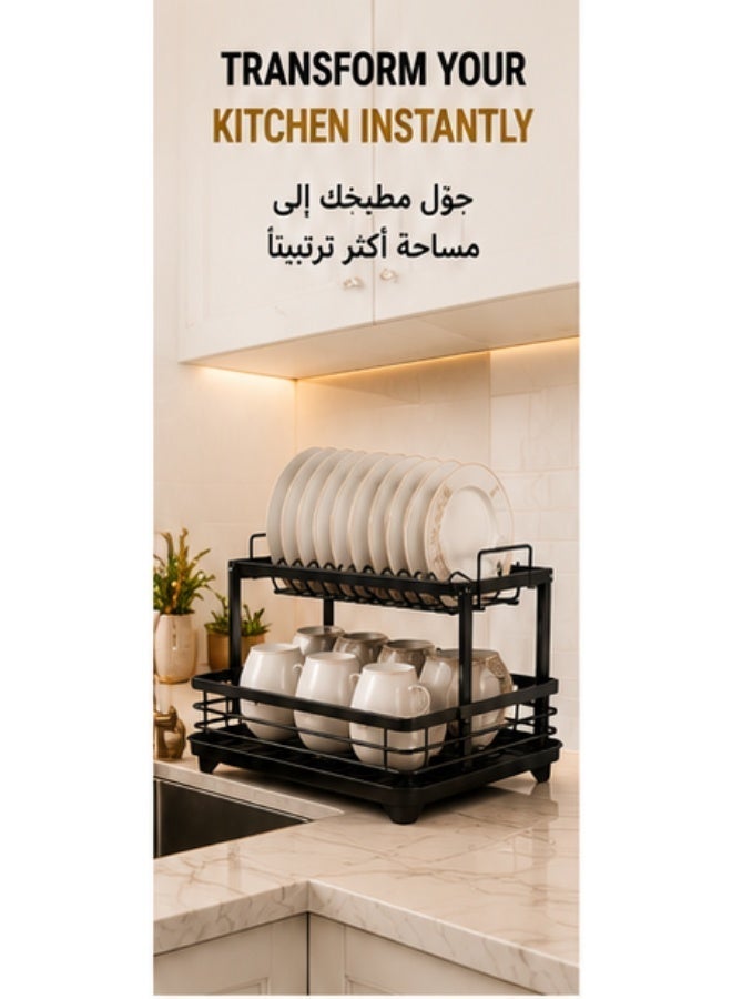 إينابايت رف تجفيف الأطباق بطبقتين مع صينية تصريف، رف أطباق معدني كبير السعة مقاوم للصدأ مع حامل أدوات المائدة، منظم مطبخ موفر للمساحة باللون الأسود - Image 3