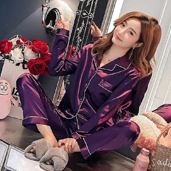 Packaging Long-Sleeved Pants Spring, Autum And Summer Thin Large Size Fat Size Ice Silk Couple Pajamas High-End Home Clothes - Image 1