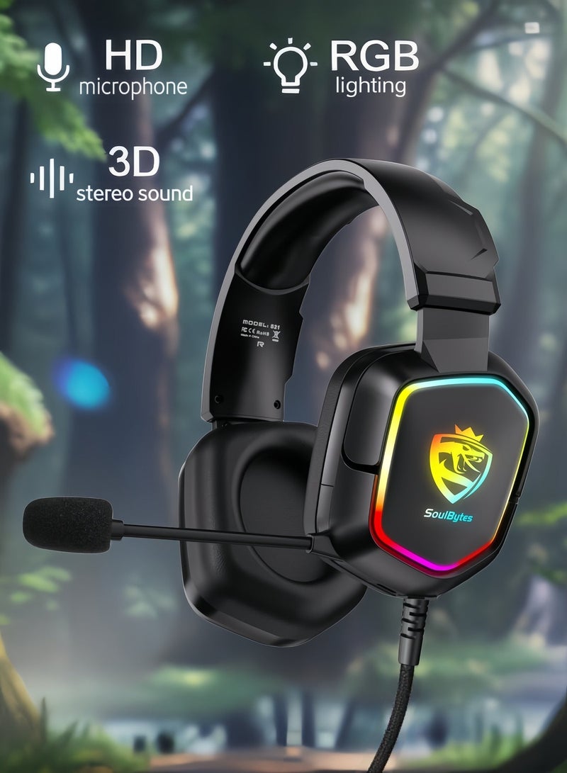 SoulBytes Gaming Headset Wired with Mic, LED Light, Stereo Surround Sound, Soft Memory Earmuffs, Noise Cancelling Over-Ear - Compatible for PS4, PS5, Xbox One, Xbox Series, Nintendo Switch, PC - Image 1