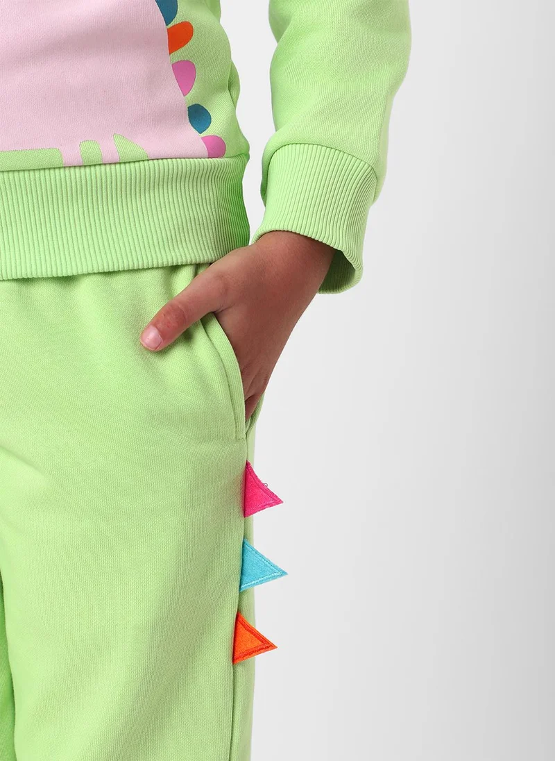 نوتيناتي Nautinati Girls' Light Green Fleece Combo Set of Dino Printed Sweatshirt and Solid Joggers