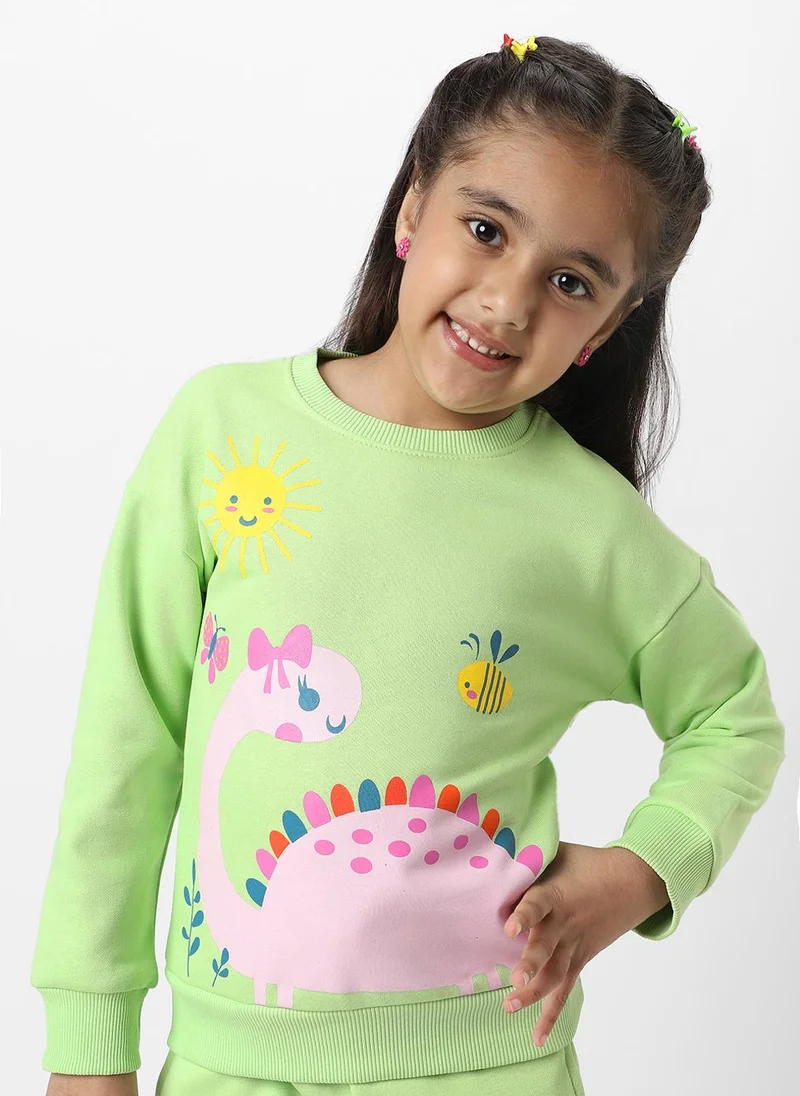 نوتيناتي Nautinati Girls' Light Green Fleece Combo Set of Dino Printed Sweatshirt and Solid Joggers