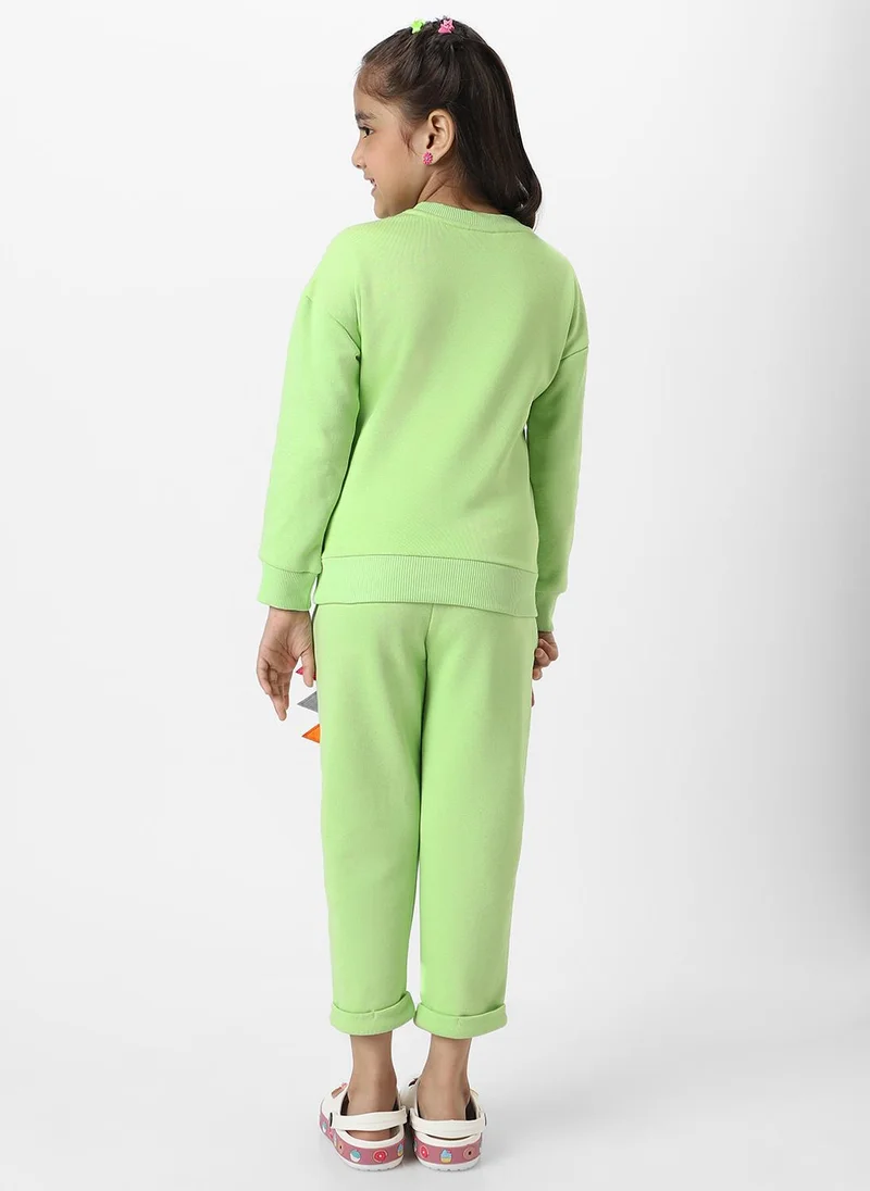 نوتيناتي Nautinati Girls' Light Green Fleece Combo Set of Dino Printed Sweatshirt and Solid Joggers