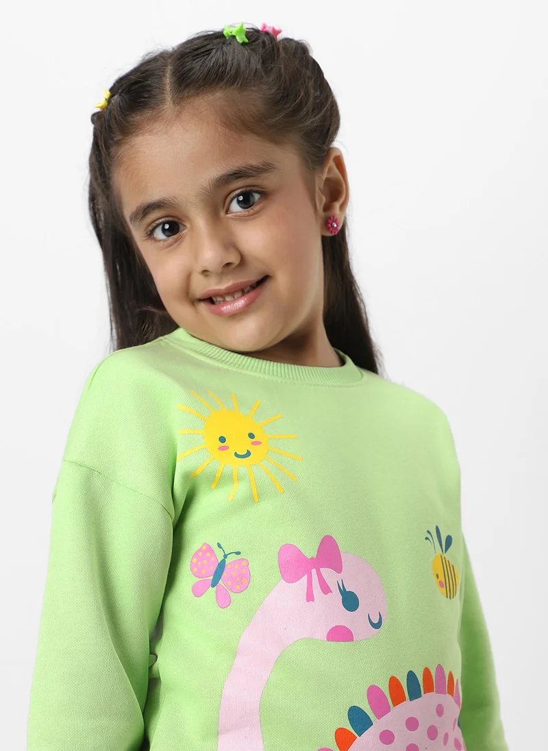 نوتيناتي Nautinati Girls' Light Green Fleece Combo Set of Dino Printed Sweatshirt and Solid Joggers
