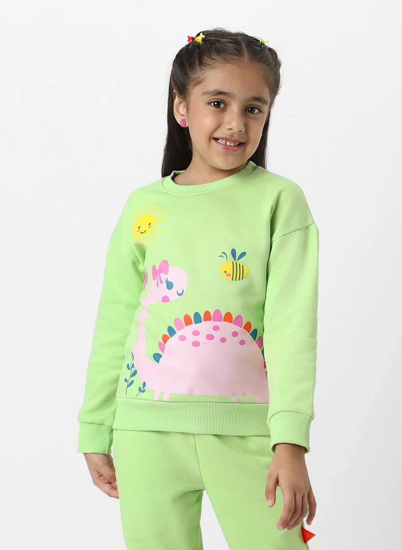 نوتيناتي Nautinati Girls' Light Green Fleece Combo Set of Dino Printed Sweatshirt and Solid Joggers