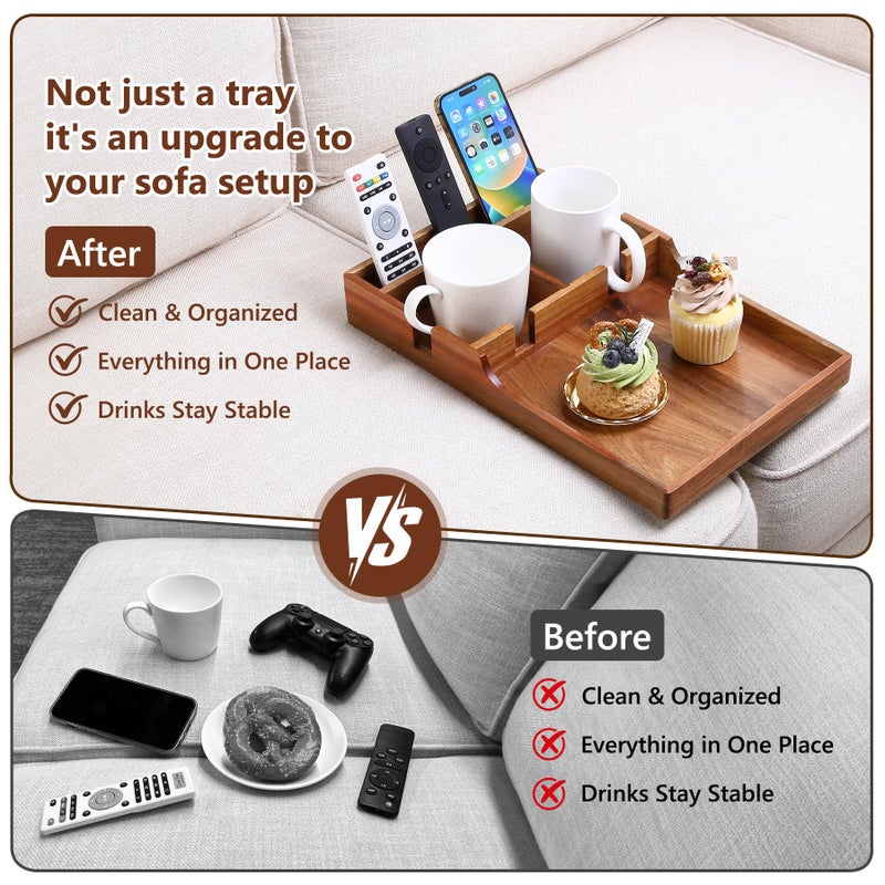 Acanacle Couch Insert Tray for Middle Seat, Acacia Wood Couch Table with 2 Cup Holders, Fits Armless Sofa & Sectionals, Fold-Flat Tray for Drinks, Snacks & Remotes - Image 5