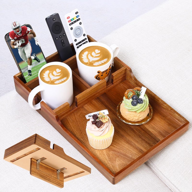 Acanacle Couch Insert Tray for Middle Seat, Acacia Wood Couch Table with 2 Cup Holders, Fits Armless Sofa & Sectionals, Fold-Flat Tray for Drinks, Snacks & Remotes - Image 1
