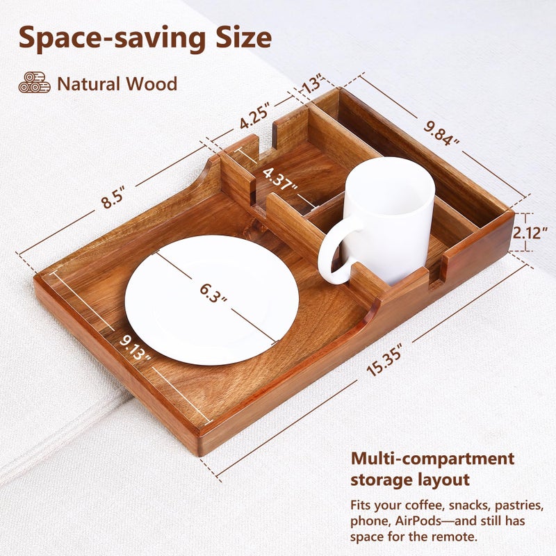 Acanacle Couch Insert Tray for Middle Seat, Acacia Wood Couch Table with 2 Cup Holders, Fits Armless Sofa & Sectionals, Fold-Flat Tray for Drinks, Snacks & Remotes - Image 2