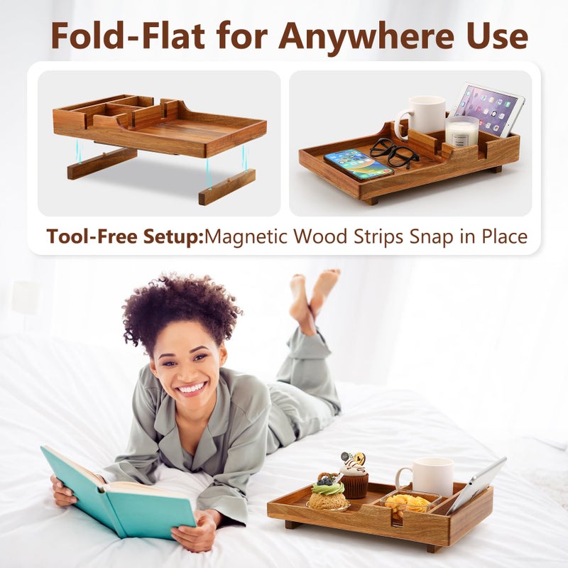 Acanacle Couch Insert Tray for Middle Seat, Acacia Wood Couch Table with 2 Cup Holders, Fits Armless Sofa & Sectionals, Fold-Flat Tray for Drinks, Snacks & Remotes - Image 4