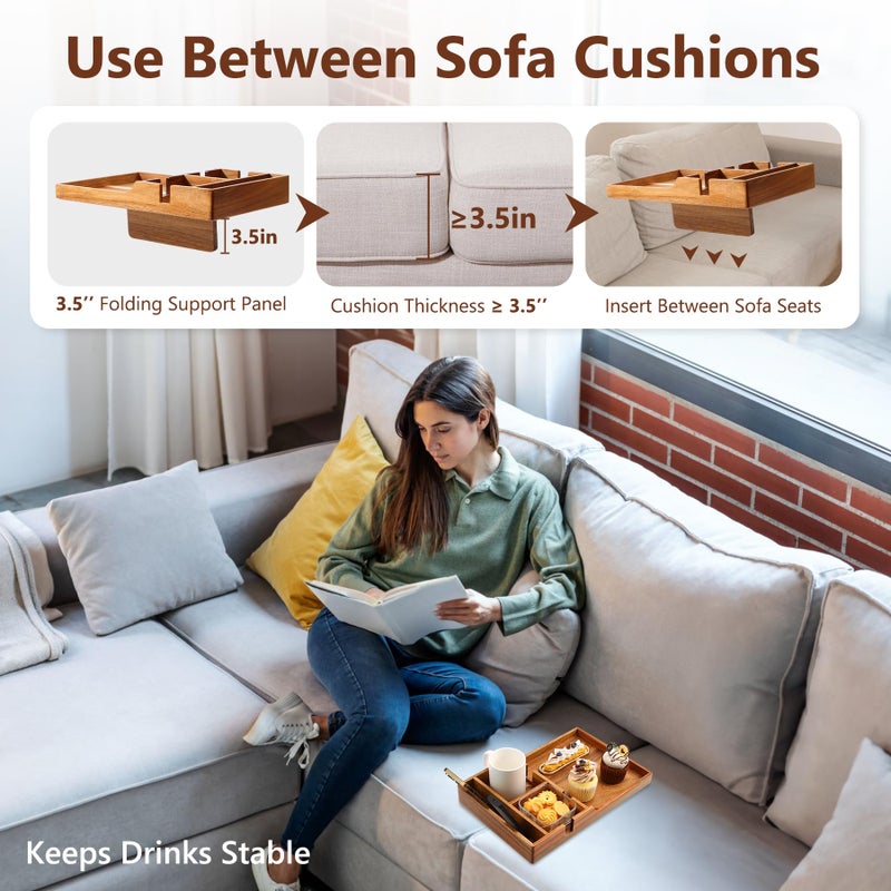 Acanacle Couch Insert Tray for Middle Seat, Acacia Wood Couch Table with 2 Cup Holders, Fits Armless Sofa & Sectionals, Fold-Flat Tray for Drinks, Snacks & Remotes - Image 3