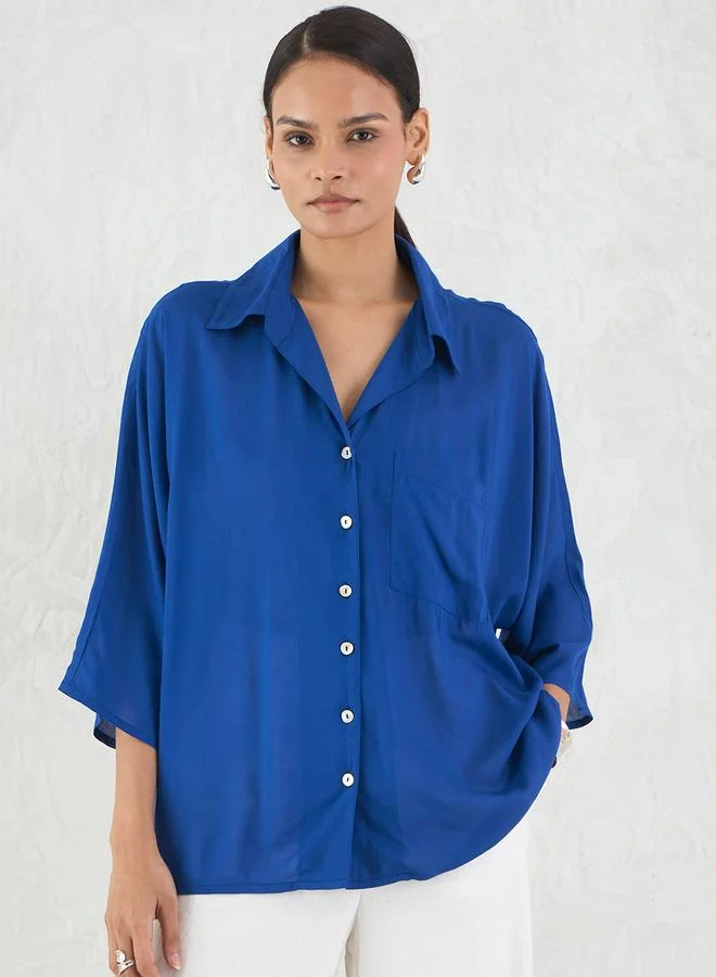 Femmella Femmella Blue Button Down Spread Collar Shirt