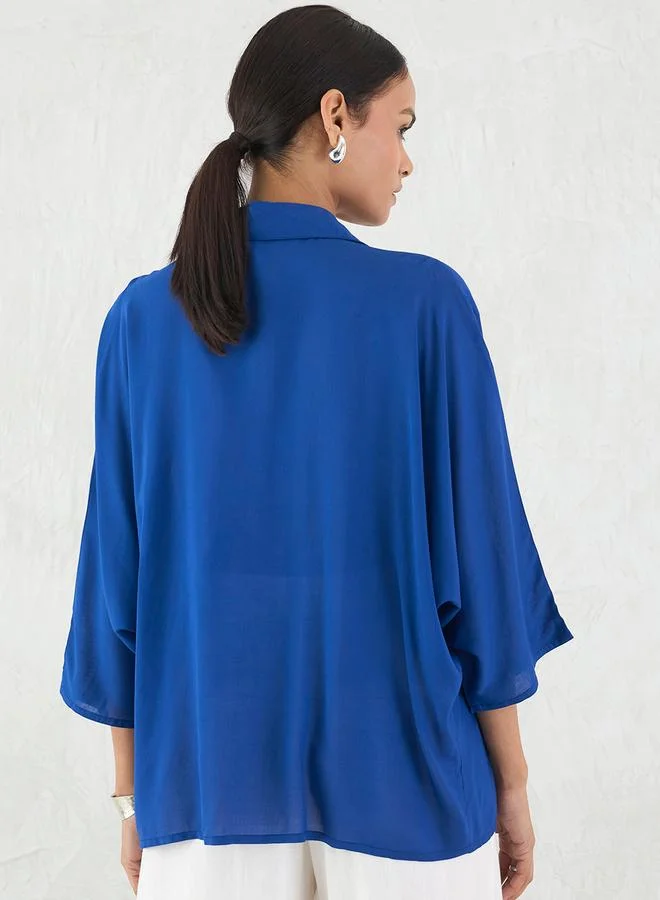 Femmella Femmella Blue Button Down Spread Collar Shirt
