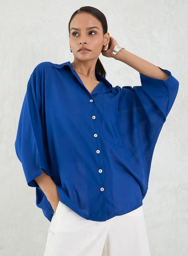 Femmella  Femmella Blue Button Down Spread Collar Shirt for Women | Best Price UAE