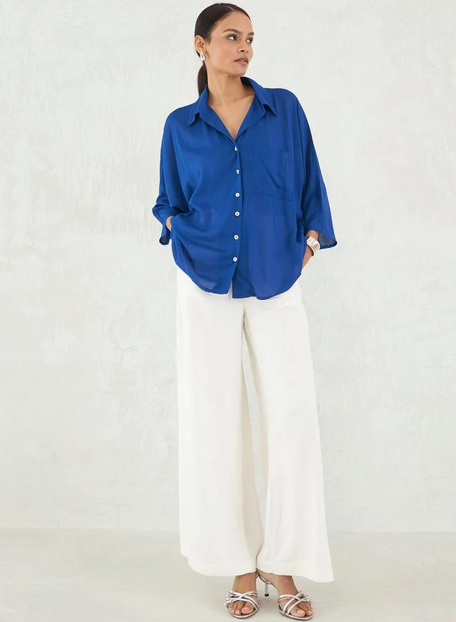 Femmella  Femmella Blue Button Down Spread Collar Shirt for Women | Best Price UAE