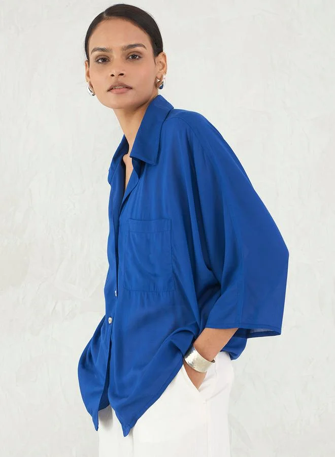 Femmella Femmella Blue Button Down Spread Collar Shirt